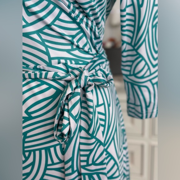 Women Faux Wrap A Line Dress (Dark Cyan and White Large), Large - Picture 7 of 16